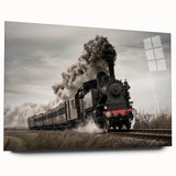 Side view of a large abstract train design on acrylic glass, with a blend of gray and metallic colors.