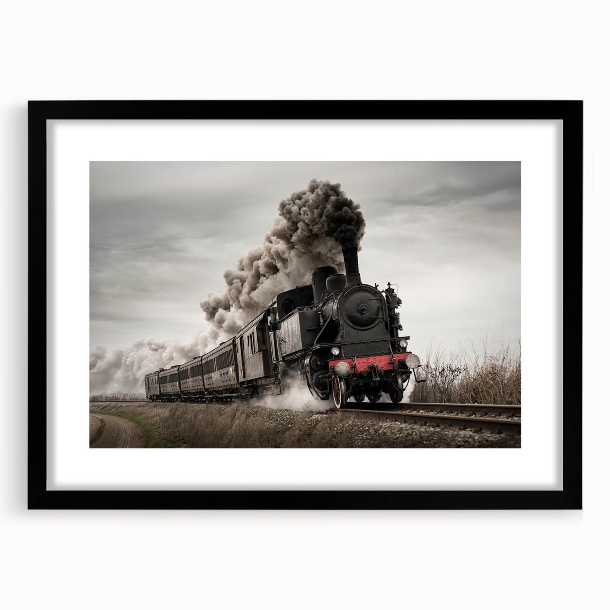 Abstract art print of a colorful, textured train on canvas, framed in black, ideal for extra large wall art in a living room.