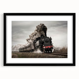 Abstract art print of a colorful, textured train on canvas, framed in black, ideal for extra large wall art in a living room.