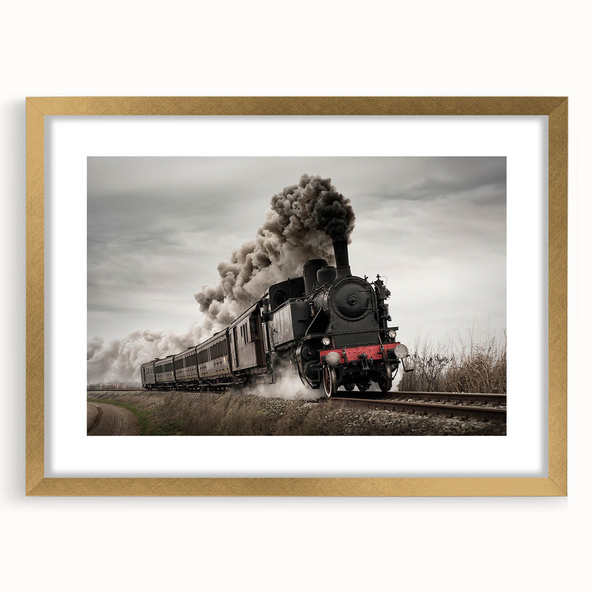 Extra large abstract art print of a train, in vibrant gold and black tones on a textured canvas, ideal for living room decor.