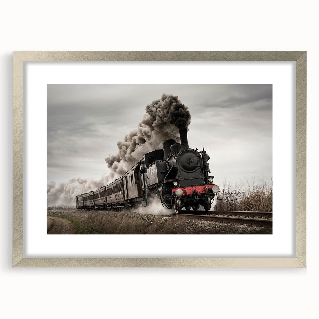 Abstract art print of a train in textured grays and silvers on a framed canvas, suitable for bedroom art.