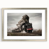 Abstract art print of a train in textured grays and silvers on a framed canvas, suitable for bedroom art.