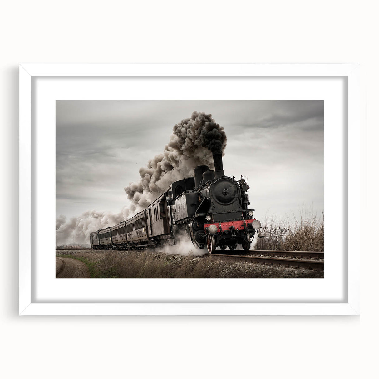 Abstract art print of a train in muted gray and blue tones on a framed white mat, ideal for dining room decor.