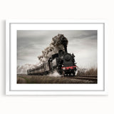 Abstract art print of a train in muted gray and blue tones on a framed white mat, ideal for dining room decor.