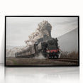 Large abstract wall art featuring a stylized train in muted gray and blue tones, framed acrylic print.