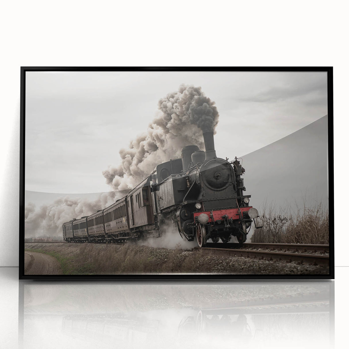 Large abstract wall art featuring a stylized train in muted gray and blue tones, framed acrylic print.