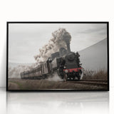 Large abstract wall art featuring a stylized train in muted gray and blue tones, framed acrylic print.