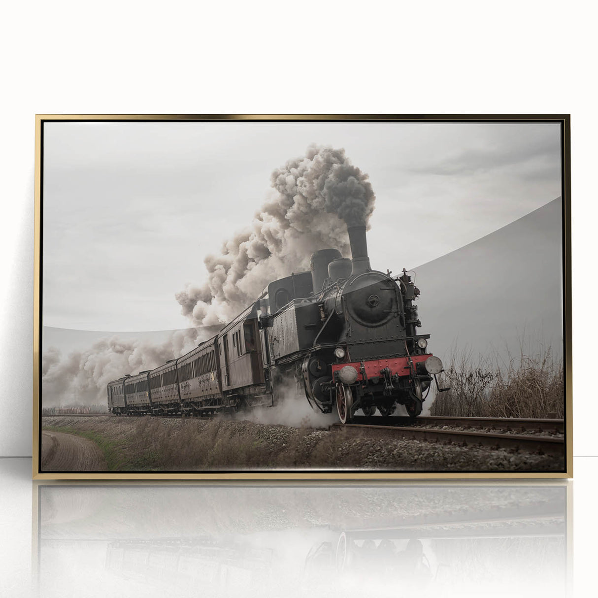 Framed acrylic print of a mid-century modernist train in gold and black tones, ideal for nursery wall art.