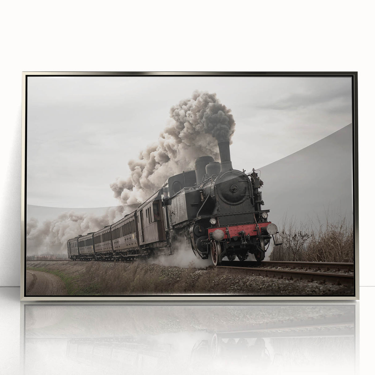 Mid-century modernist art of a train in muted grays and blues on a framed acrylic, ideal for nursery wall art.