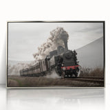 Mid-century modernist art of a train in muted grays and blues on a framed acrylic, ideal for nursery wall art.