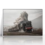 Art deco train poster in black and white, framed acrylic, ideal for modern nursery wall art.