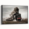 Black and white vintage train landscape on framed canvas, ideal for bedroom wall decor.