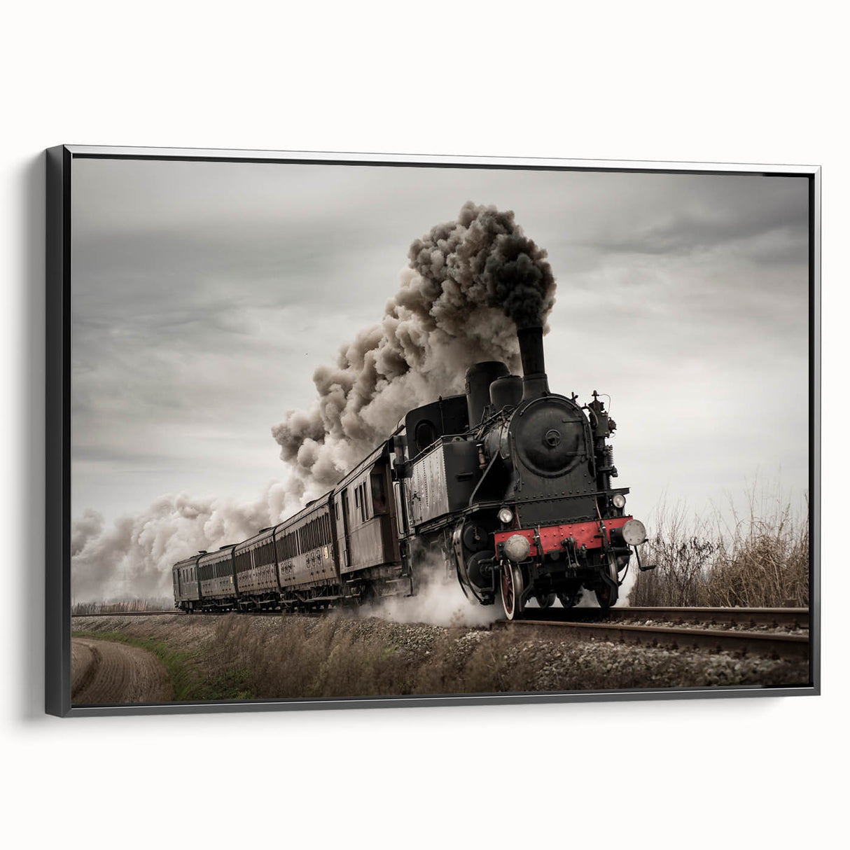Black and white vintage train landscape on framed canvas, ideal for bedroom wall decor.