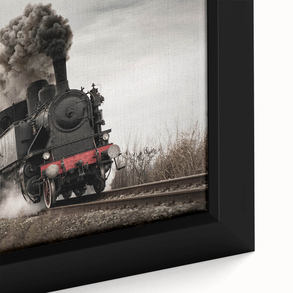 Extra large framed canvas featuring a close-up of a black train in a textured, colorful art style.