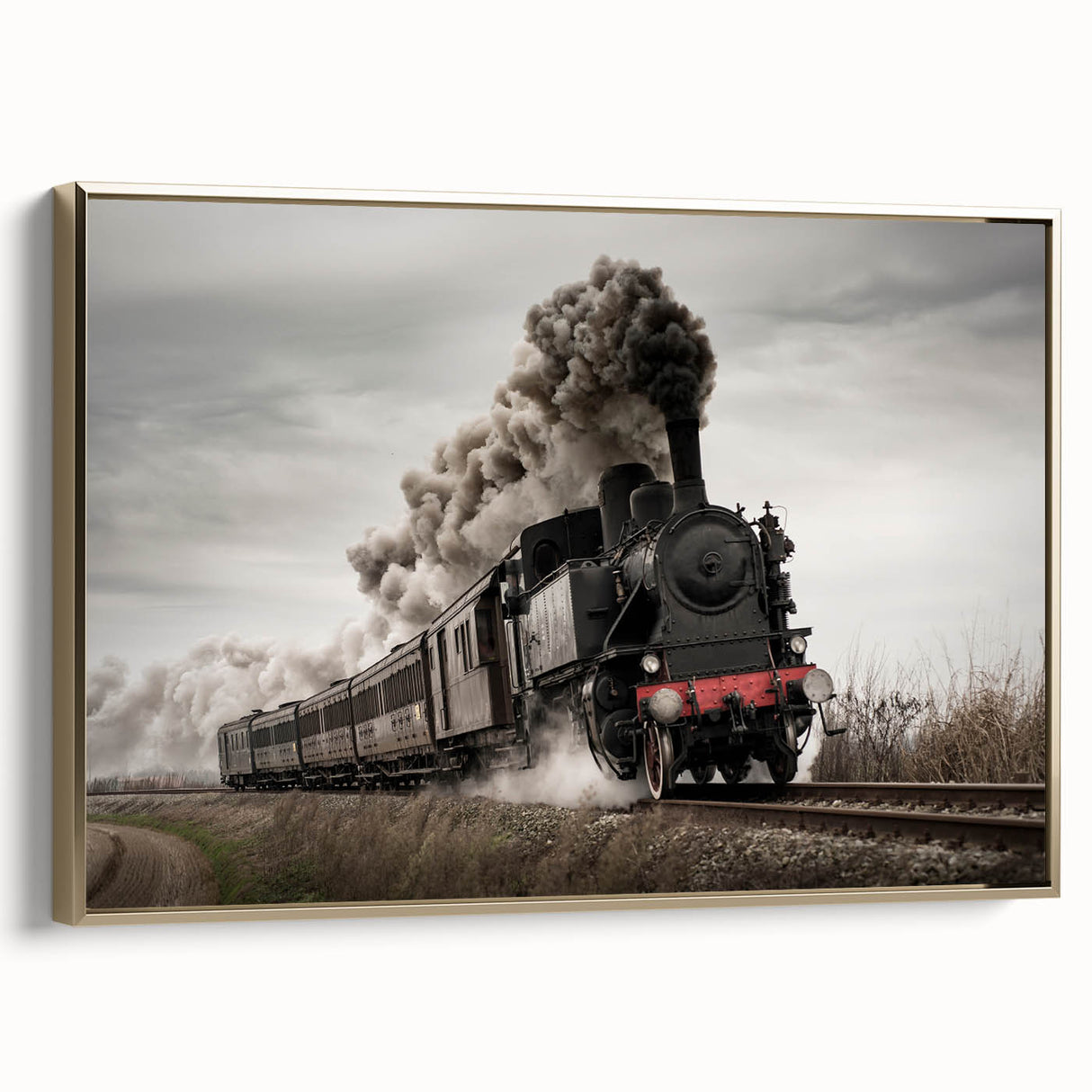 Framed canvas featuring a vintage-style train landscape in black and gold, ideal for bedroom wall decor.