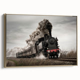 Framed canvas featuring a vintage-style train landscape in black and gold, ideal for bedroom wall decor.