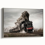 Framed canvas featuring a vintage train landscape in black with colorful accents, ideal for office decor.