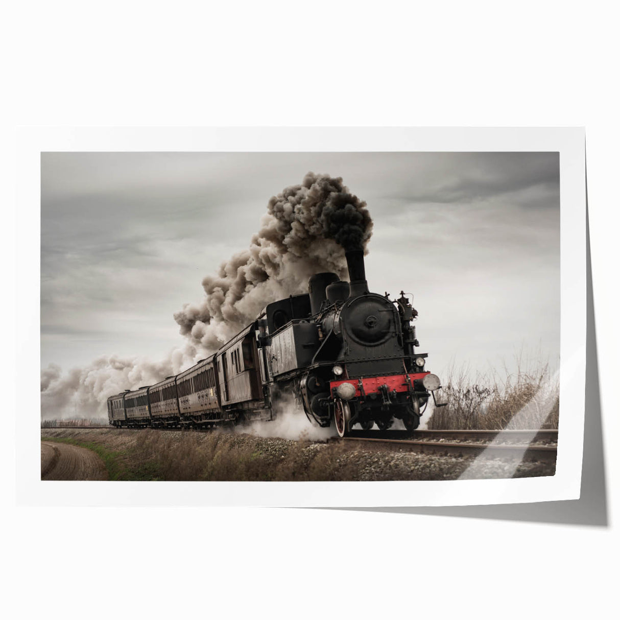 Extra large rolled print of a classic train in muted earth tones, ideal for art wall dining room.