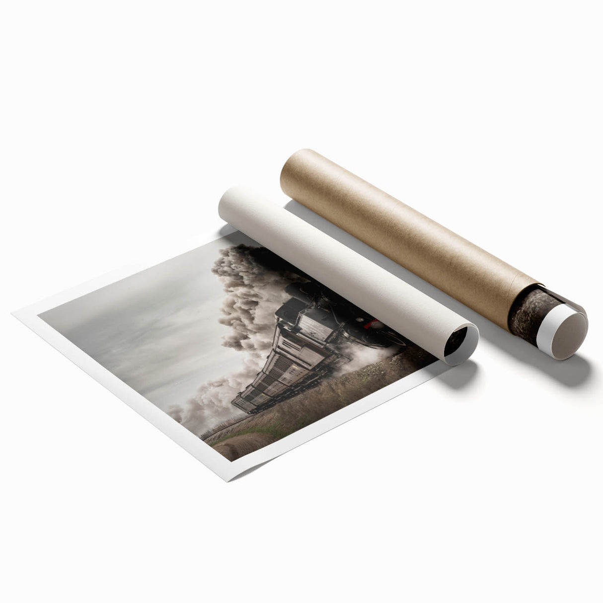 Extra large rolled print of a vintage train in muted earth tones, suitable for classy bathroom wall art.