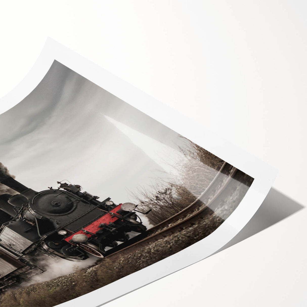 Extra large wall art featuring a detailed train illustration in muted earth tones on a rolled print.