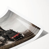 Extra large wall art featuring a detailed train illustration in muted earth tones on a rolled print.