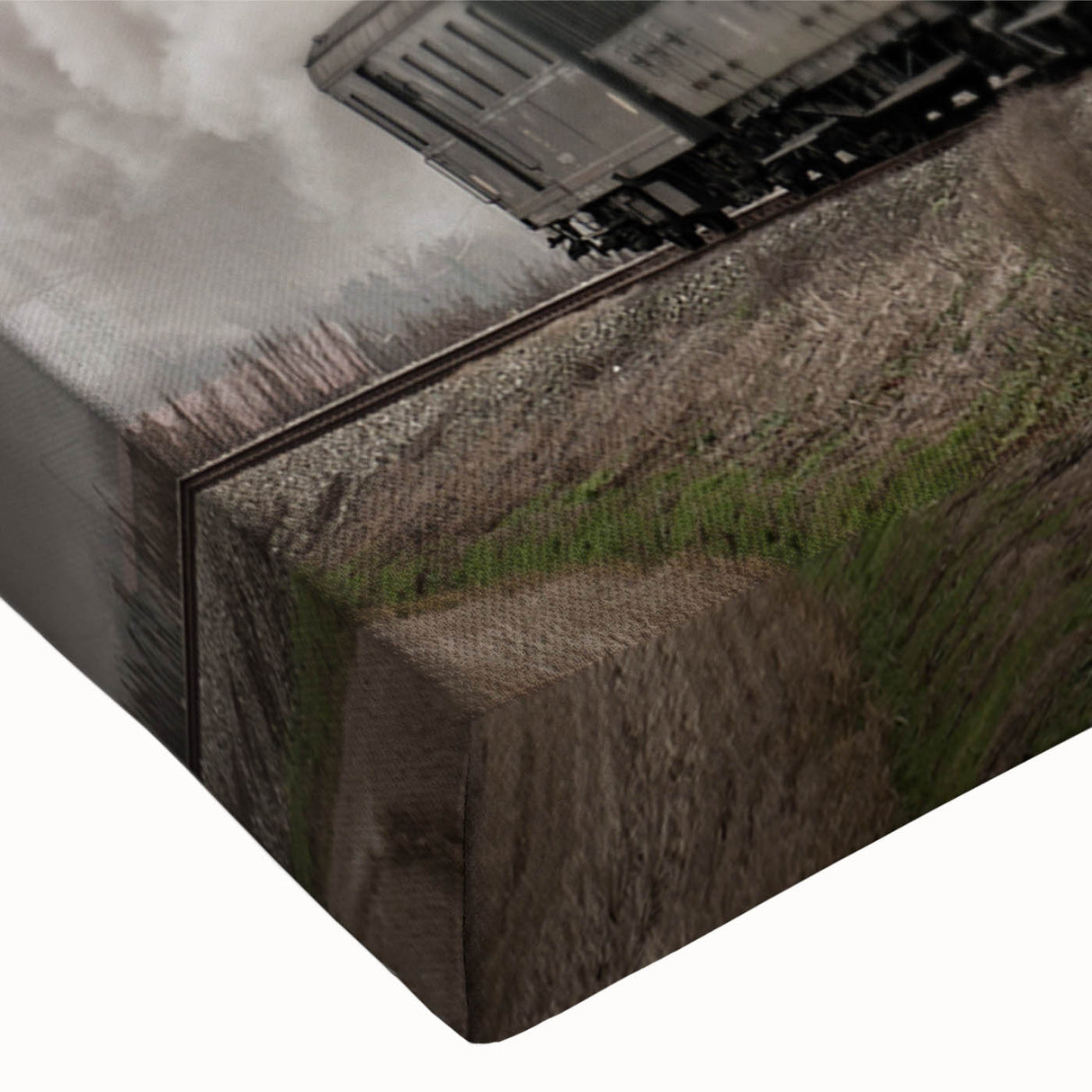 Black and white photo of a train on tracks in a landscape setting, printed on large stretched canvas.