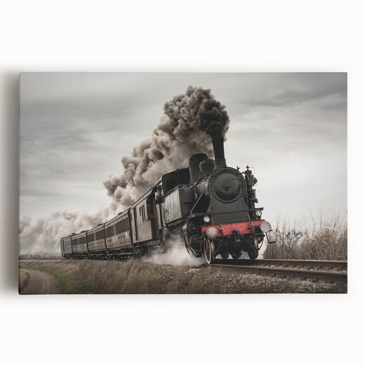 Black and white photo of a vintage train on stretched canvas, ideal for kitchen wall art.
