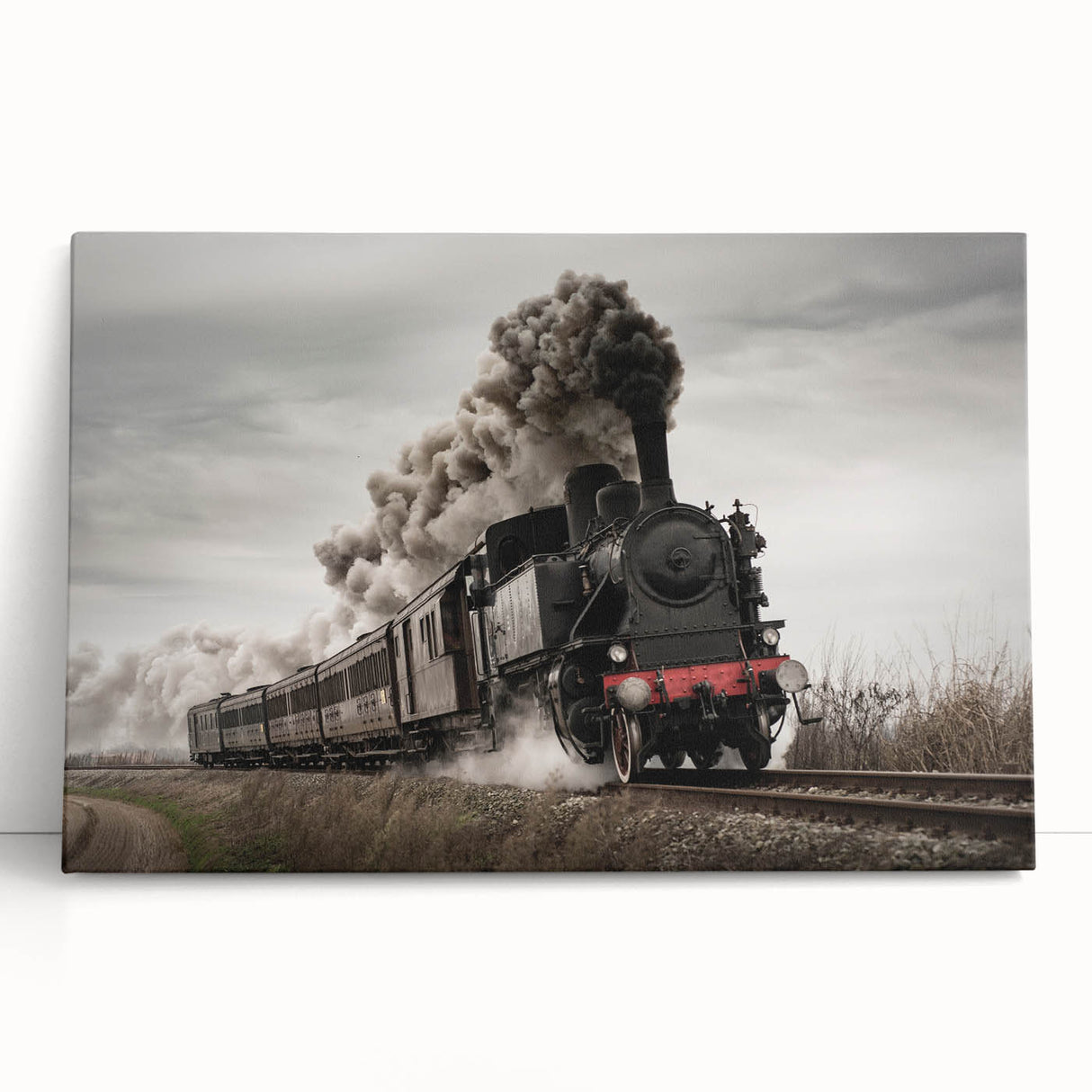 Black and white photograph of a vintage train on stretched canvas, suitable as large kitchen wall art or for a bedroom.