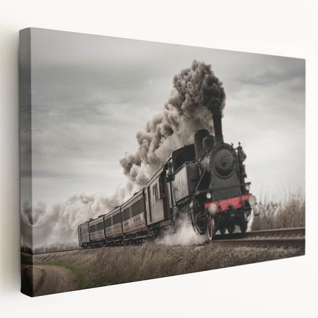 Side view of a vintage train on stretched canvas, depicted in muted earth tones, suitable for kitchen wall decor.