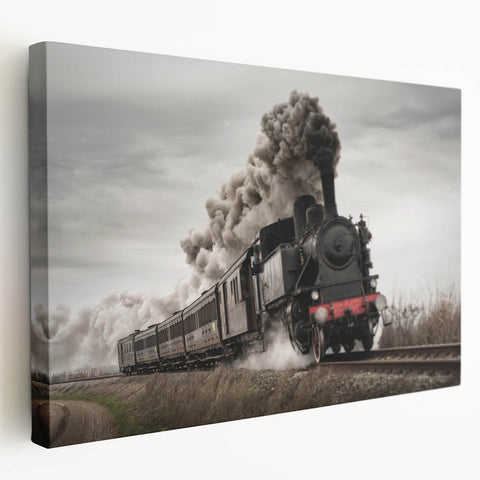 Side view of a vintage train on stretched canvas, depicted in muted earth tones, suitable for kitchen wall decor.