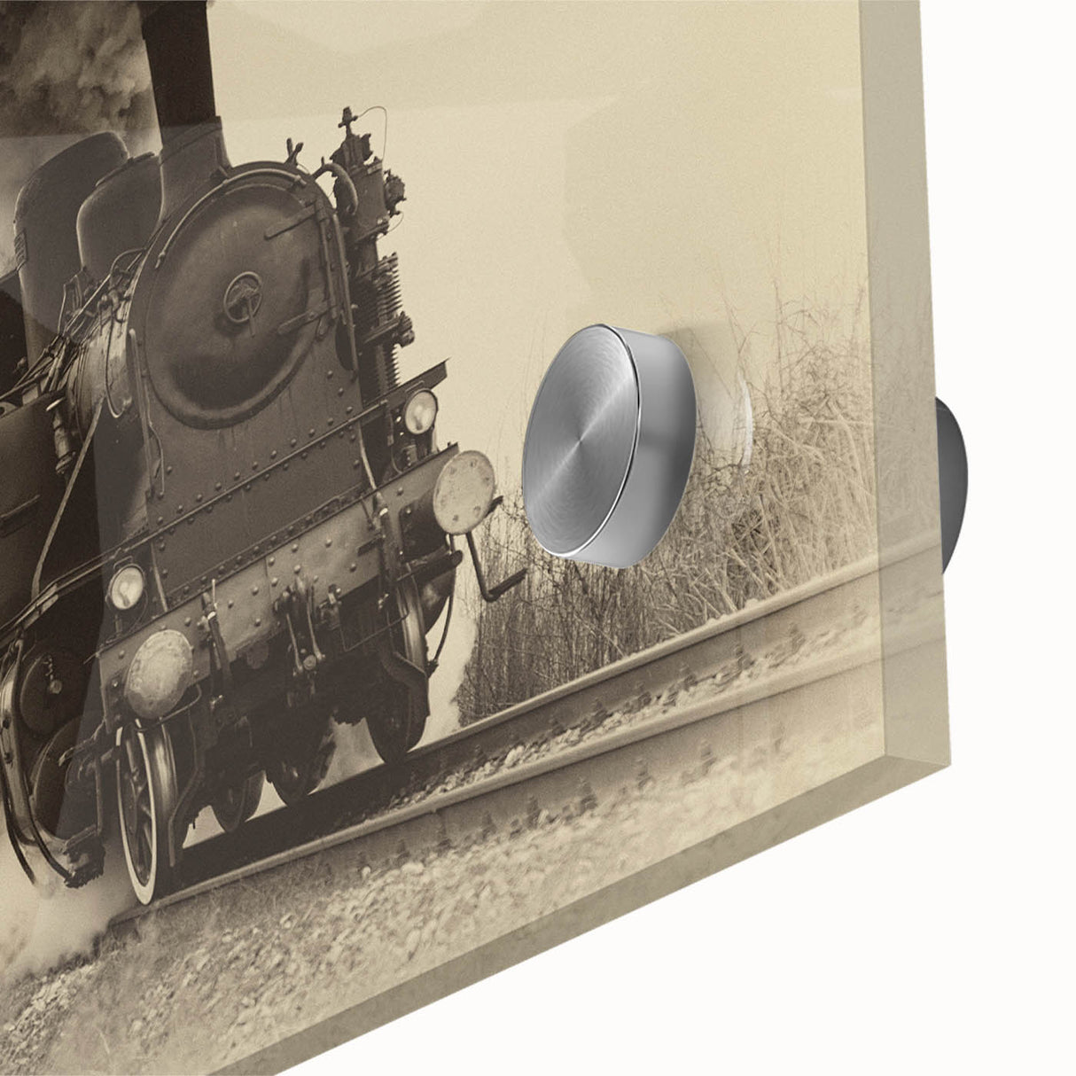 Mid-century modernist train illustration in muted earth tones on large acrylic print, ideal for dining room art.