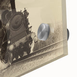 Mid-century modernist train illustration in muted earth tones on large acrylic print, ideal for dining room art.