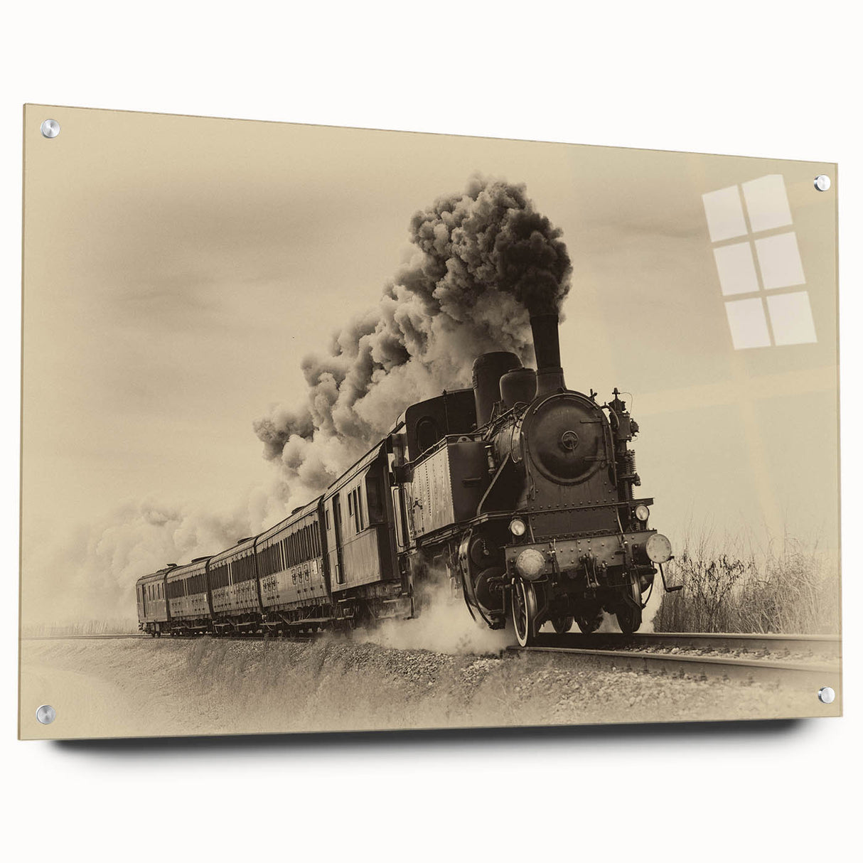 Side view of a train in muted grays and blues on acrylic glass, suitable for bedroom or dining room decor.