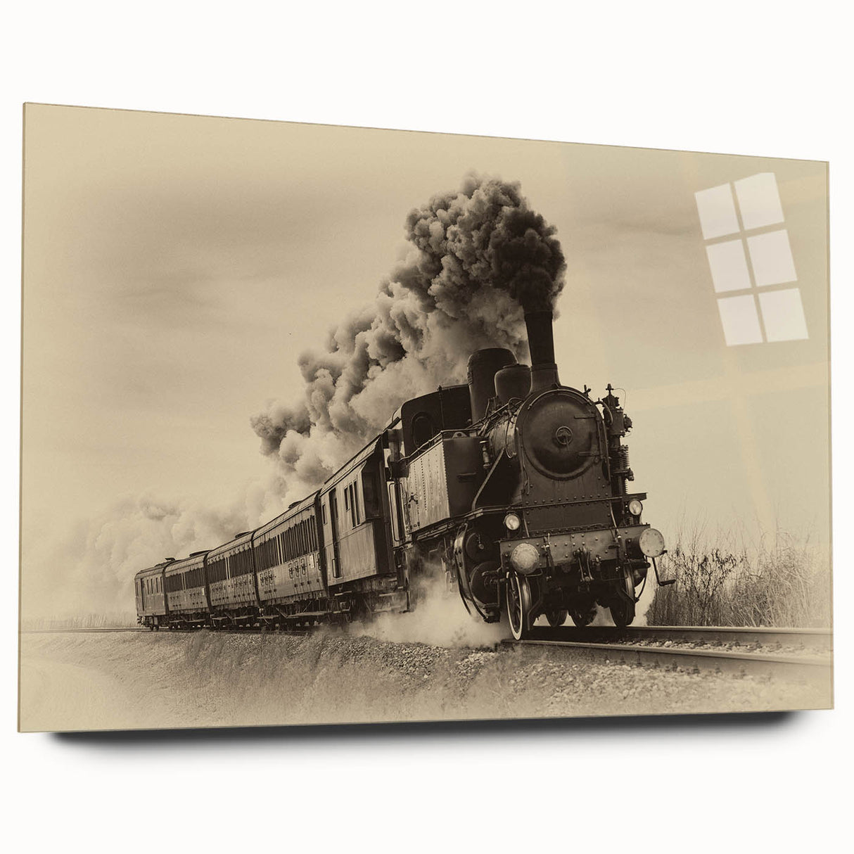 Acrylic print of a large abstract depiction of a train in cool blue and gray tones, ideal for bedroom or dining room art.