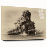 Acrylic print of a large abstract depiction of a train in cool blue and gray tones, ideal for bedroom or dining room art.