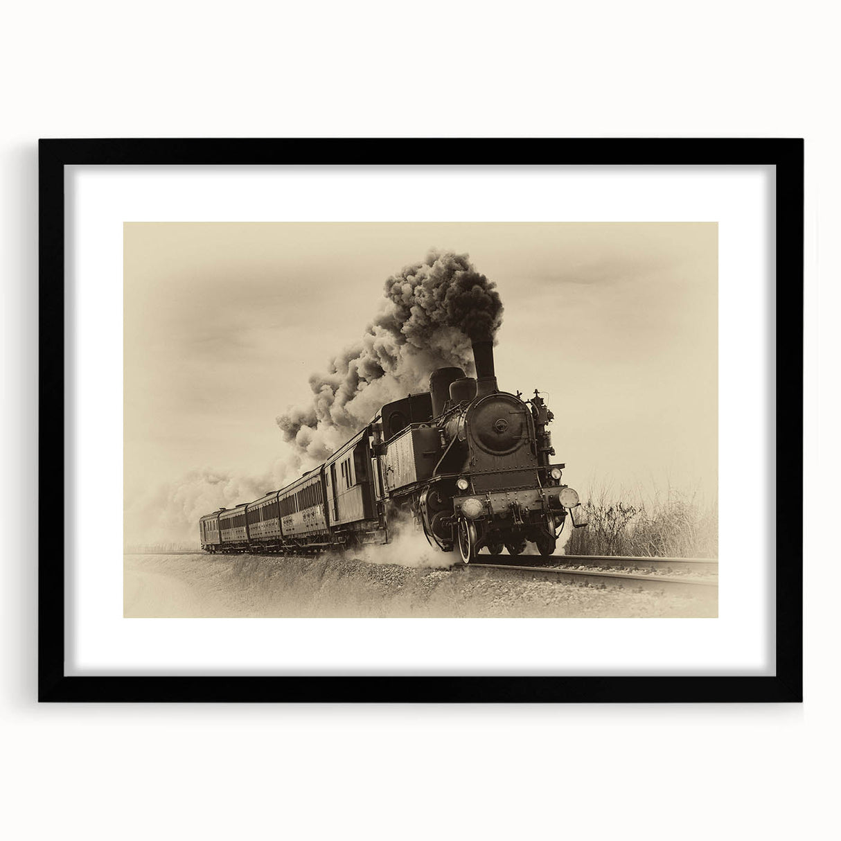 Abstract art print of a colorful, textured train, in a large black frame, suitable for living room decor.