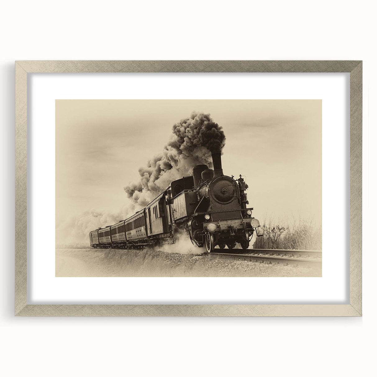 Textured art print of an abstract train design in muted gray and silver tones on a framed canvas, ideal for bedroom art.