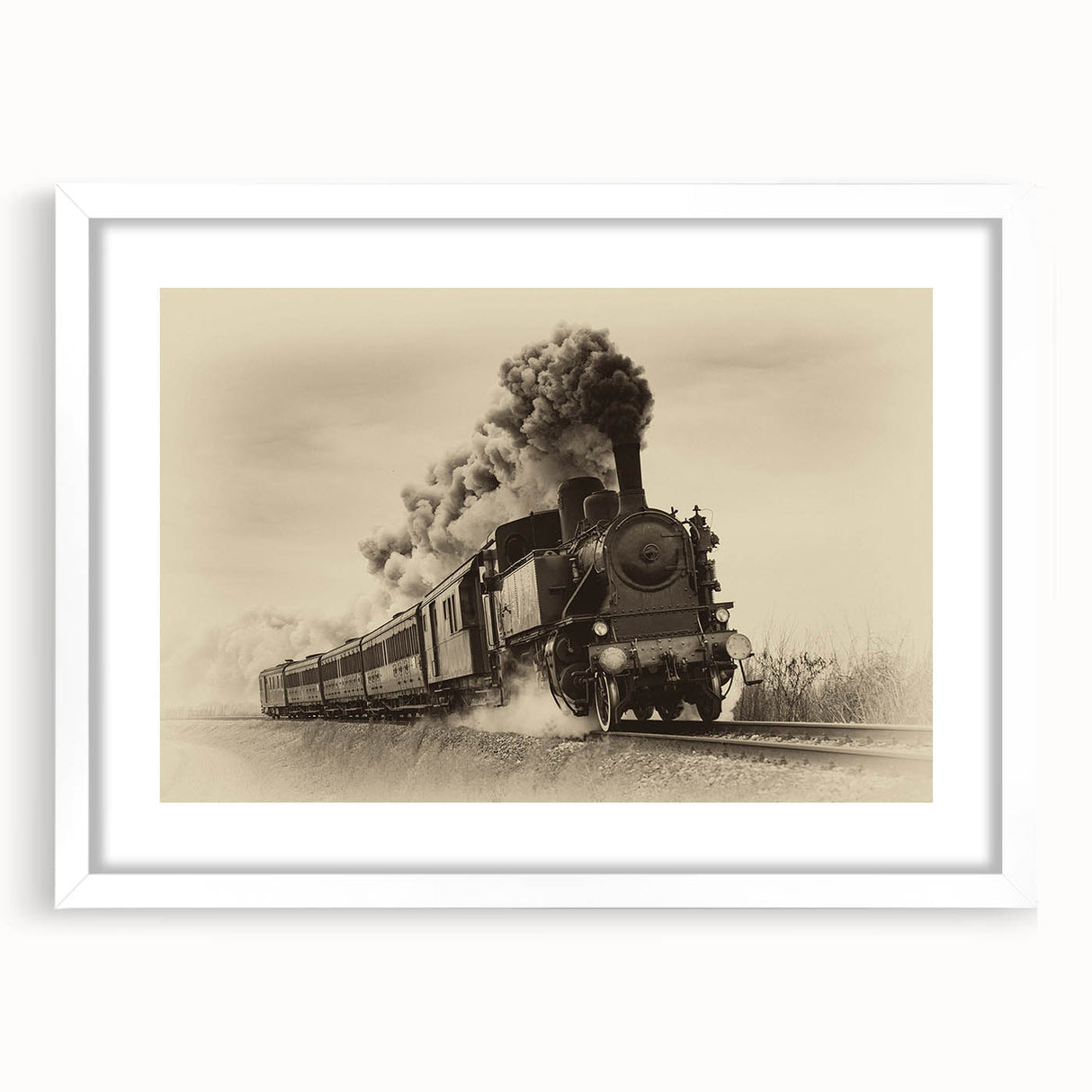 Abstract art print of a stylized train in muted grays and blues on a framed white mat.
