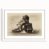 Abstract art print of a stylized train in muted grays and blues on a framed white mat.