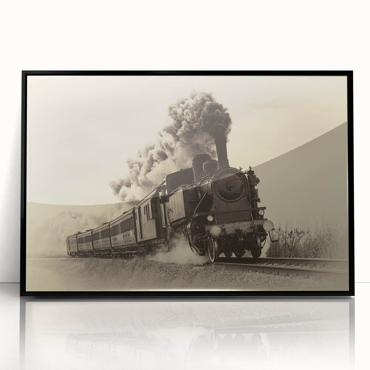 Large abstract wall art of a train in monochrome, framed in black acrylic, suitable for modern art wall decor.