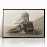 Large abstract wall art of a train in monochrome, framed in black acrylic, suitable for modern art wall decor.