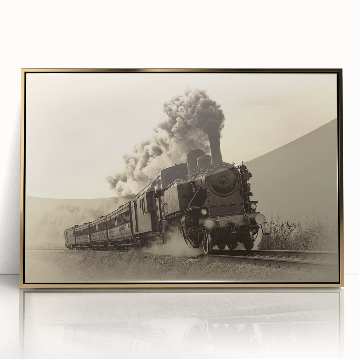 Mid-century modernist train illustration in vibrant colors on a gold-framed acrylic, suitable for nursery wall art.