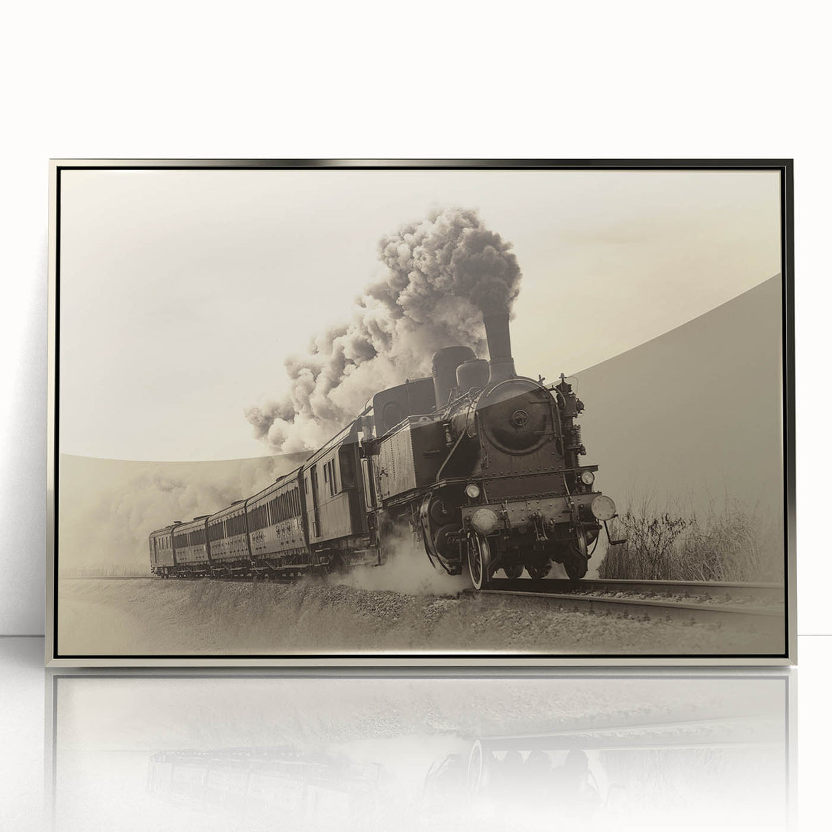Mid-century modernist train illustration in muted gray and blue, acrylic print framed in silver.