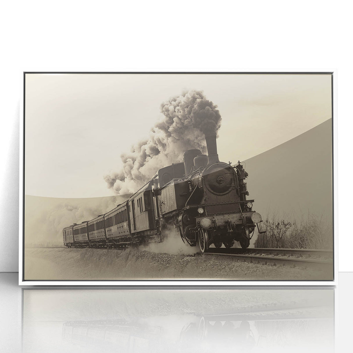 Art deco train poster in black and white, framed acrylic, ideal for modern nursery wall art.