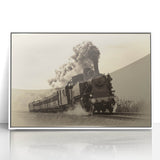 Art deco train poster in black and white, framed acrylic, ideal for modern nursery wall art.