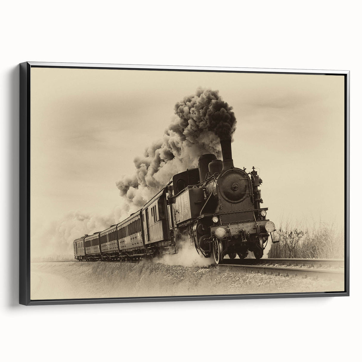 Black and white framed canvas of a vintage train, ideal for bedroom wall decor.