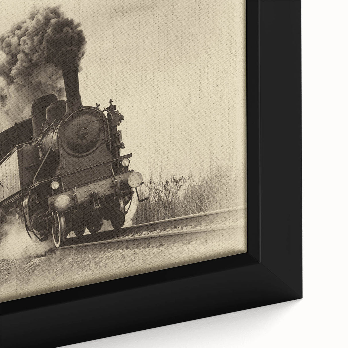 Extra large framed canvas featuring a black steam train with colorful, textured art, ideal for living room decor.