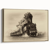 Framed canvas of a vintage black train on a landscape background, ideal for bedroom wall art.