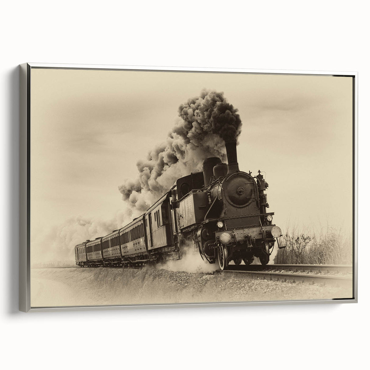 Framed canvas of a vintage train in a colorful landscape, ideal for adding a retro touch to any room.