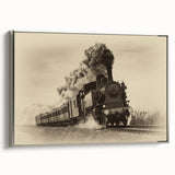 Framed canvas of a vintage train in a colorful landscape, ideal for adding a retro touch to any room.